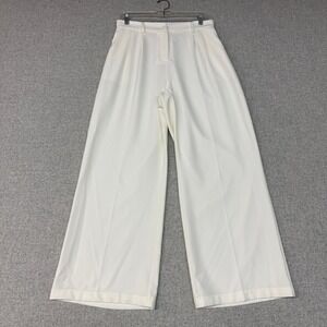 FUNYYZO Wide Leg Trousers Size L White High Waisted Pleated Elastic Back Pants